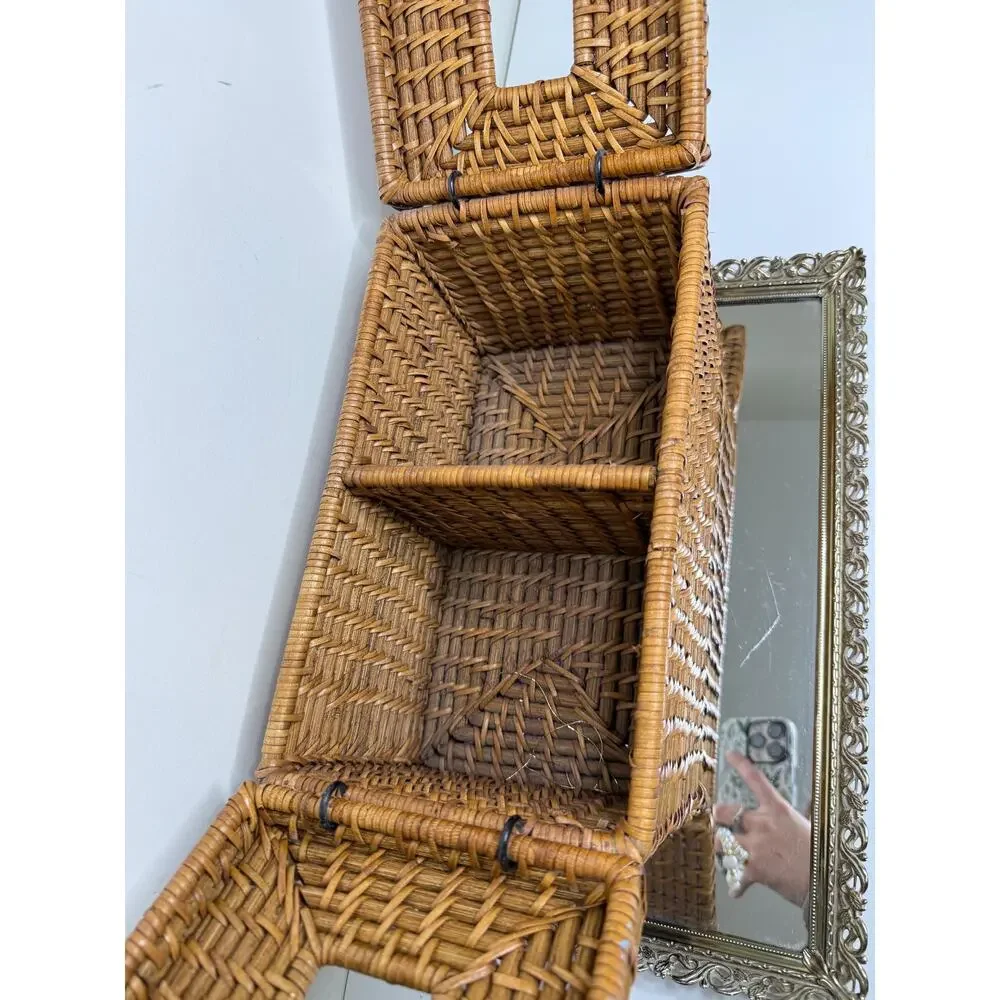 Vintage Boho Rectangular Wicker Storage Basket With Double Bins And Lids, Vintag